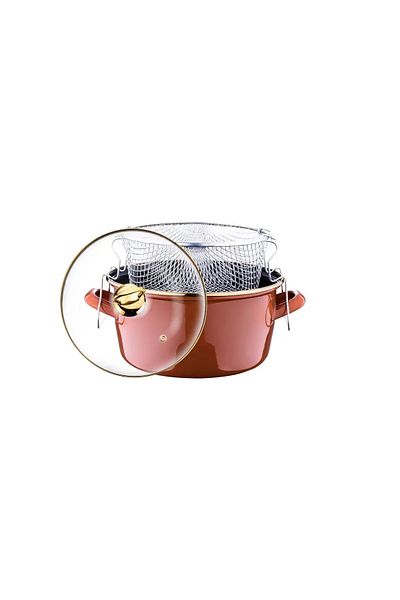 Taşev Caramel Colored Enamel Frying Fryer Pot with Handle - 22 cm
