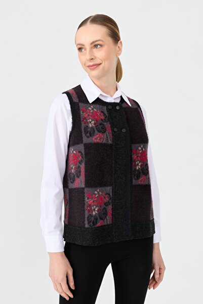 Desen Triko Women's Black Wool Vest - Crew Neck, Patchwork, Felt Back Short