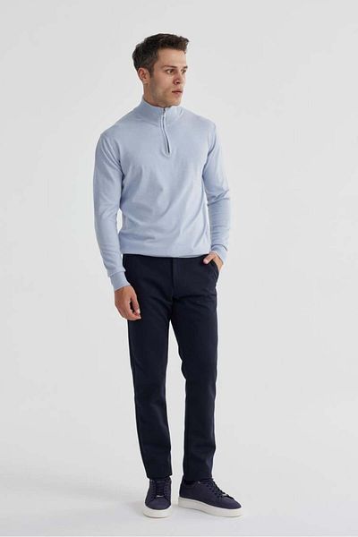 Jakamen Light Blue Slim Fit Zippered Stand Collar Knitwear Sweater