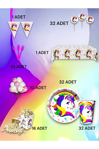 VibeHome 32-Person Unicorn Themed Luxury Set - Birthday Party and Fun Events