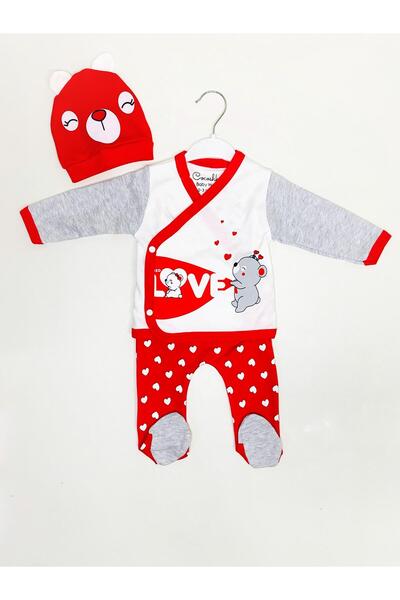 Ayıcık Desenli Şapkalı Patikli Bebek 3'lü Takım