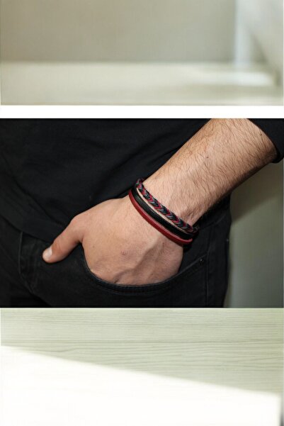 etniko Şık Örgü Deri Bileklik Kırmızı ve Siyah Tonlarda, Mıknatıslı Kapama