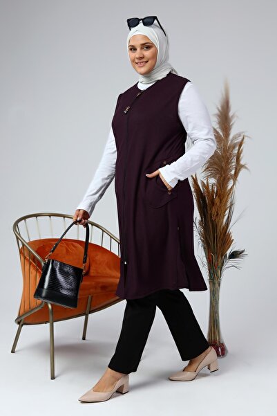 Ferace Women's Plus Size Honeycomb Fabric Pocket Zippered Buttoned Vest