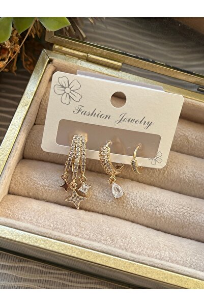 AychaAksesuar İthal Çelik kararmaz alerji yapmaz zirkon taşlı altın rengi kuyumcu model sallantılı 3’lü set küpe