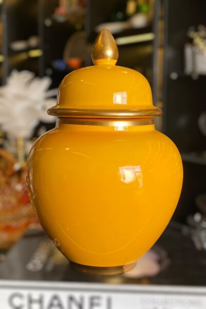 LEMİ DEKORASYON Sarı Kapaklı Gold Detaylı Şah Küp Vazo 30 Cm