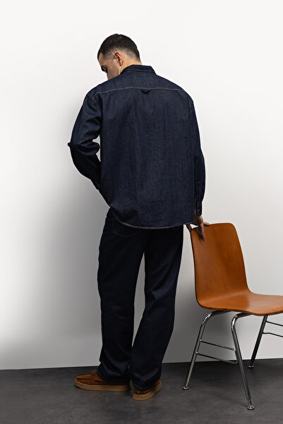 GIESTO Navy Blue Single Pocket Denim Shirt