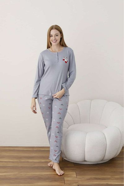 Temporium Women's Winter Embroidered Print Collar Buttoned Long Sleeve Pajamas Set