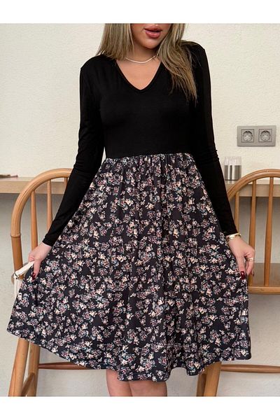 COTTONLAB Rochie scurtă din jerseu, cu mânecă lungă, cu decolteu în V, cu fundul din viscoză, cu imprimeu floral
