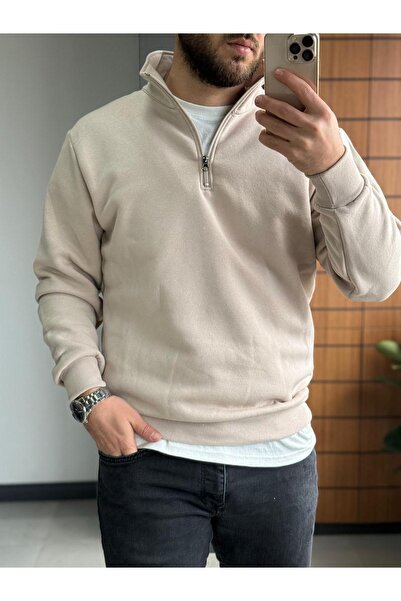 Altamira Μπεζ φούτερ Unisex Oversize - Σταντ γιακά και Μισό Φερμουάρ