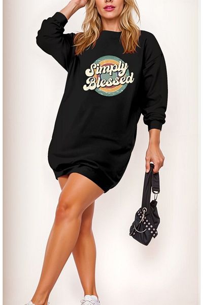 İpeksi Silky Women's Long Sleeve Crew Neck Lettered Viscose Two Thread Dress