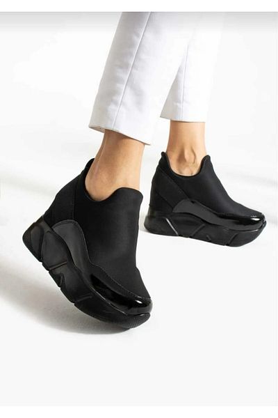 DABAB AYAKKABI Women's Black Stretch Patent Leather Hidden Heel Via Model Sneakers