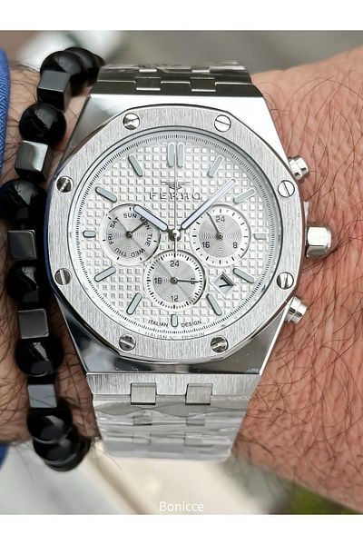 FERRO Brand Functions Active Steel Band,Silver Color,White Dial Calendar Men's Wrist Watch+Bracelet