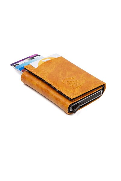 Newish Erkek Kaliteli Alüminyum Mekanizmalı Kartlık Cüzdan Kağıt Para Bölmeli Sarı