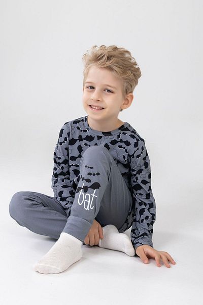 BAYKAR Boys' Cotton Printed Crew Neck Long Sleeve Cuffed Pajamas Set 9605-1 Gray