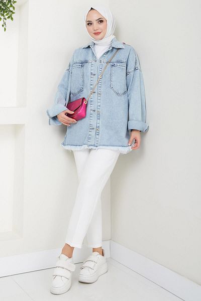 hafsamina Μπλε Oversize τζιν μπουφάν - Διπλή τσέπη HM2578