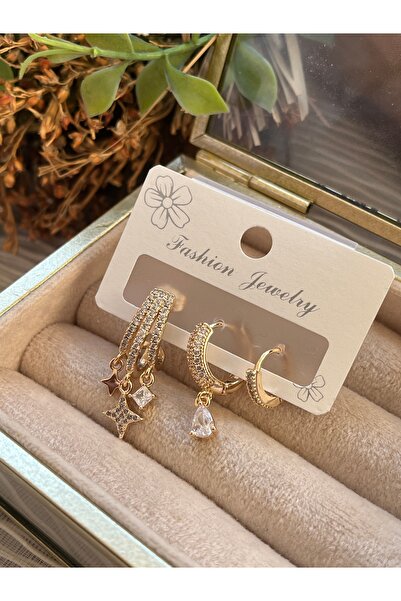 AychaAksesuar İthal Çelik kararmaz alerji yapmaz zirkon taşlı altın rengi kuyumcu model sallantılı 3’lü set küpe