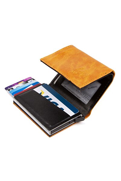 Newish Erkek Kaliteli Alüminyum Mekanizmalı Kartlık Cüzdan Kağıt Para Bölmeli Sarı