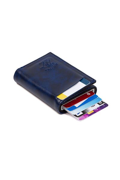 Newish Navy Blue Men's Card Holder Wallet - Aluminum, Mechanism, Money Compartment