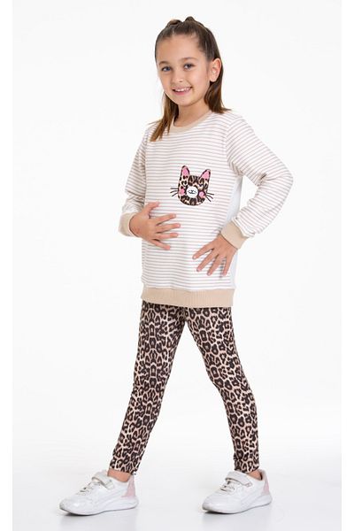 CiciTime Çocuk Modası Girl's Striped Leopard Cat Embroidered Children's Suit