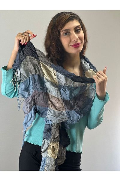 Gönülden Tasarım EșARFĂ FEMEI CULORI CU șnur în carouri 180X45 CM ALBASTRU
