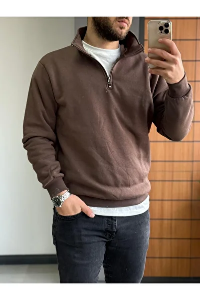 Altamira Φούτερ Unisex Oversize - Καφέ, γιακάς, Μισό φερμουάρ