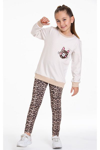 CiciTime Çocuk Modası Girl's Striped Leopard Cat Embroidered Children's Suit