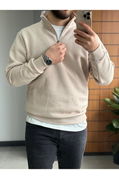 Altamira Μπεζ φούτερ Unisex Oversize - Σταντ γιακά και Μισό Φερμουάρ