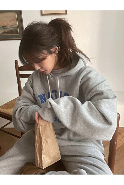 Mythologie Natick High School Combined Top and Bottom Tracksuit Set - Gray Printed Oversized Rubber Leg Hooded