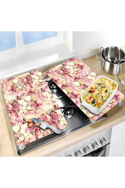 Saban 2-Piece 30X52 cm Glass Stove Protector Light Pink Roses for 4-Piece Stoves