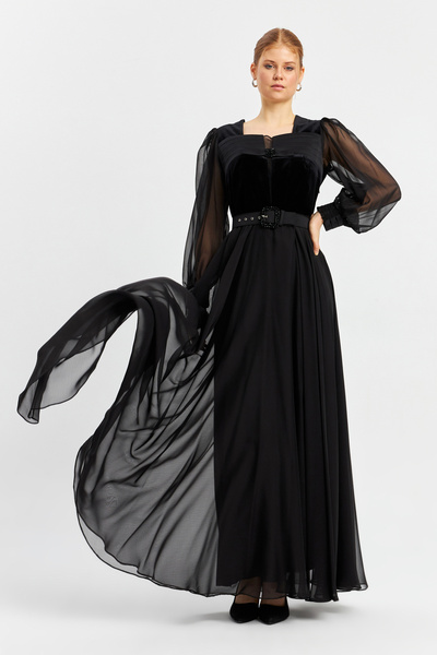 İnce Göğüs pilise ve İşleme detaylı Kadife garnili Şifon Abiye Uzun Elbise