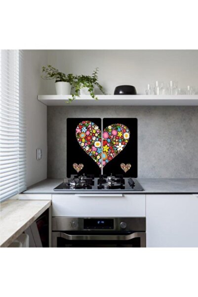 Saban طقم مكون من قطعتين - 30×52 سم - قلب أسود - واقي موقد - لوح تقطيع زجاجي