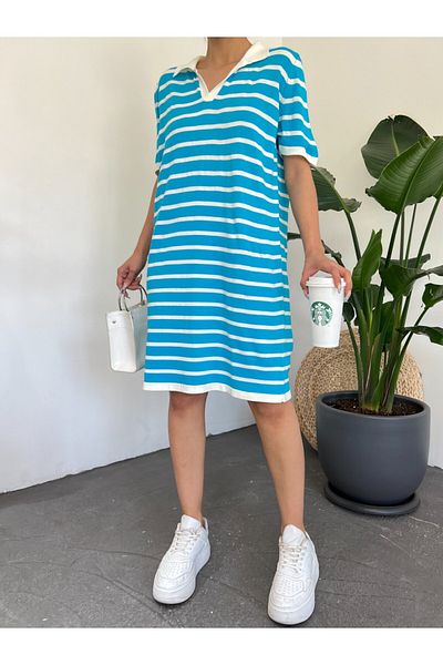Modamorfo Polo Neck Striped Knitwear Mini Dress