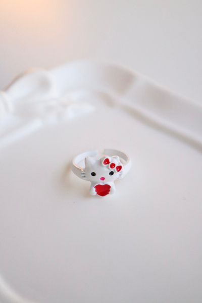 EFBUTİK White Metal Heart Kitty Ring