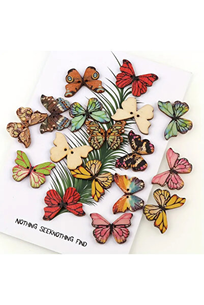 Dekor Vagonu Renkli Kelebek Desenli Ahşap Düğme Seti 20 Adet