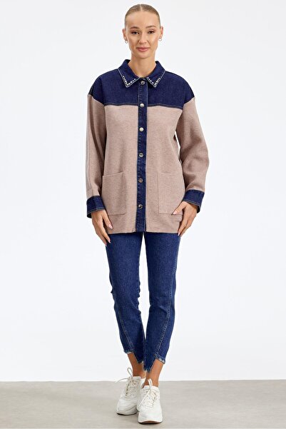 Tığ Triko Robası Kot Detaylı Taşlı Ceket BEJ