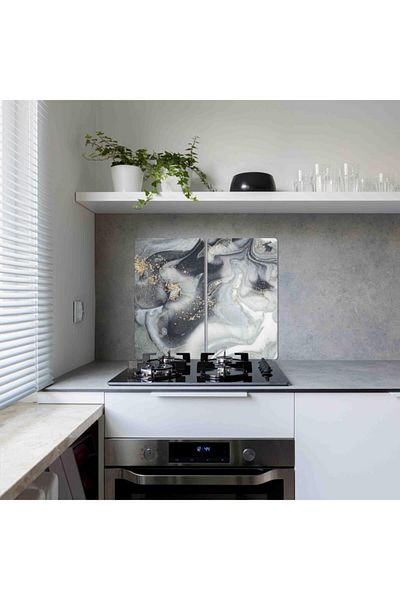 Saban 2-Piece 30X52 cm Glass Stove Protector Gray Gold Marble for 4-Piece Stoves