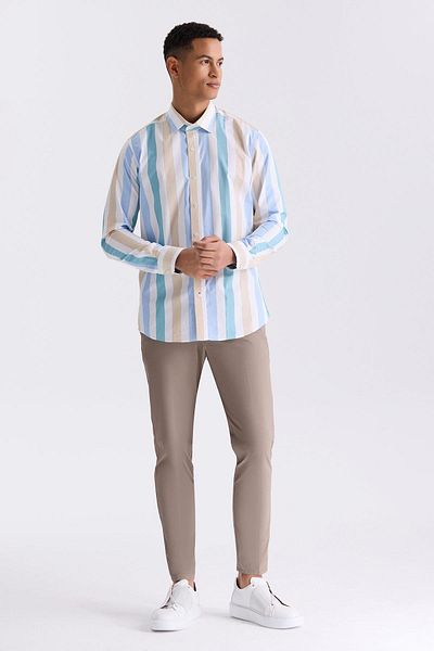 Jakamen Μπεζ Slim Fit ριγέ πουκάμισο 100% βαμβάκι