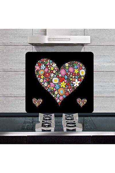 Saban واقي موقد زجاجي مزخرف بنمط قلب أسود ولوح تقطيع - 50 سم × 56 سم
