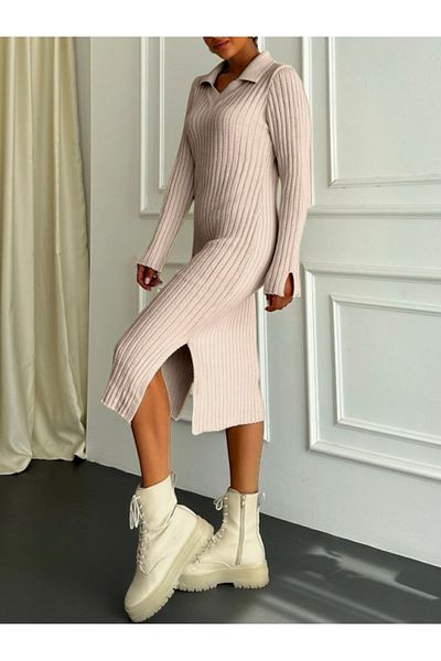 Modamorfo Πλεκτό φόρεμα με φαρδύ γιακά και σκίσιμο - Light Mink