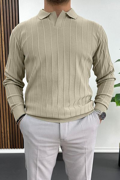 Edwox Beige Men's Polo Neck Patterned Sweater - Edw211