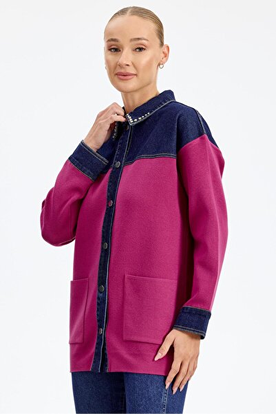 Tığ Triko Robası Kot Detaylı Taşlı Ceket FUŞYA