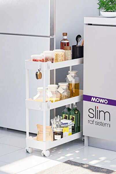 Mowo Home Slim 3 Katlı Tekerlekli Raf Ünitesi Beyaz, Banyo Rafı, Mutfak Rafı, Banyo Düzenleyici