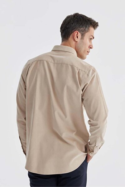 Jakamen Beige Comfort Fit Buttoned Collar 100% Cotton Velvet Shirt