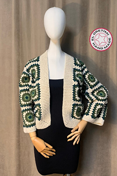 Uretti - Necla 4345 El Örgüsü Koton İp Yeşil Patchwork İşlemeli Crop Hırka - ...