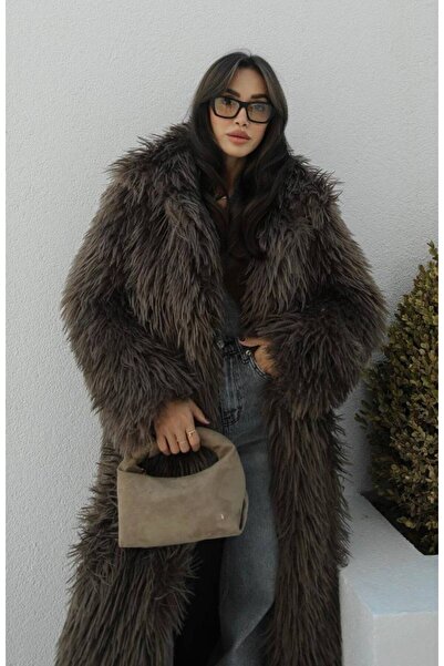 Miss Beyoğlu Kahverengi Uzun Suni Kürk Kaban