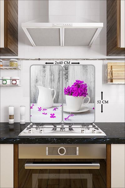 Saban Purple Flower for 2-Piece 40X52 cm Glass Stove Protector 5-Piece Stoves