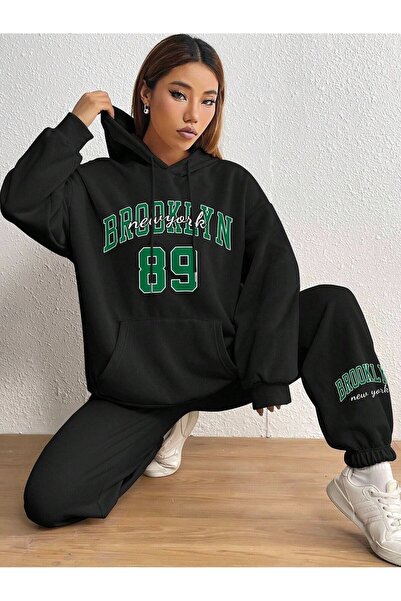 Mythologie Brooklyn 89 Combination Bottom Top Tracksuit Set - Black Printed Oversize Rubber Leg Hooded