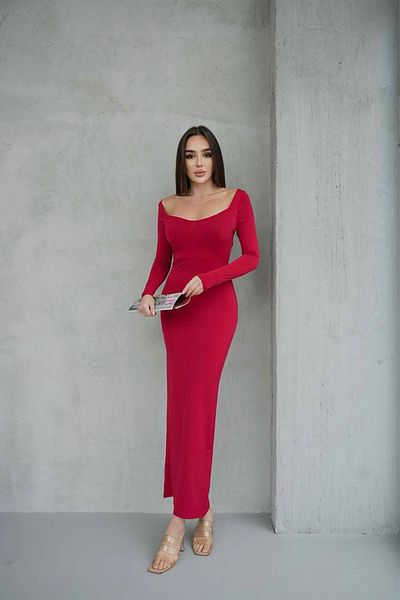Deafox Red Sandy Fabric Breast Glop Detail Slit Low-Cut Maxi Length Dress