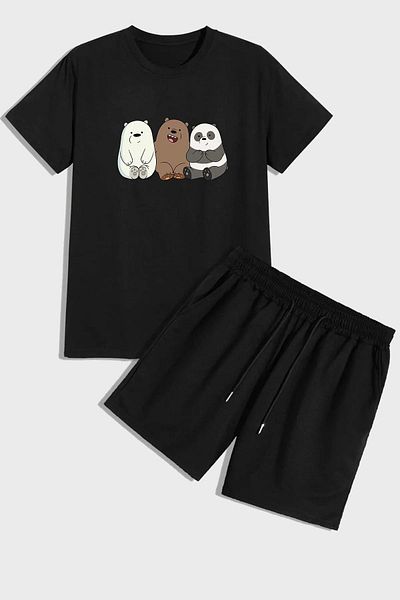 Mythologie Kafadar Bears T-Shirt Combed Cotton Shorts - Black Shorts T-Shirt Set Printed Oversize Crew Neck