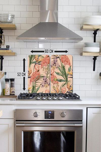 Saban 2-Piece 30X52 cm Glass Stove Protector - Flamingo and Forest Plants Motif